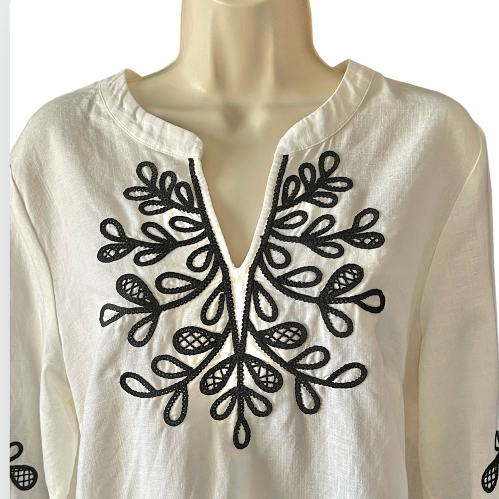 Talbots Embroidered Linen Cotton Tunic Top Size M White Black 3/4 Sleeve Popover - Picture 2 of 11